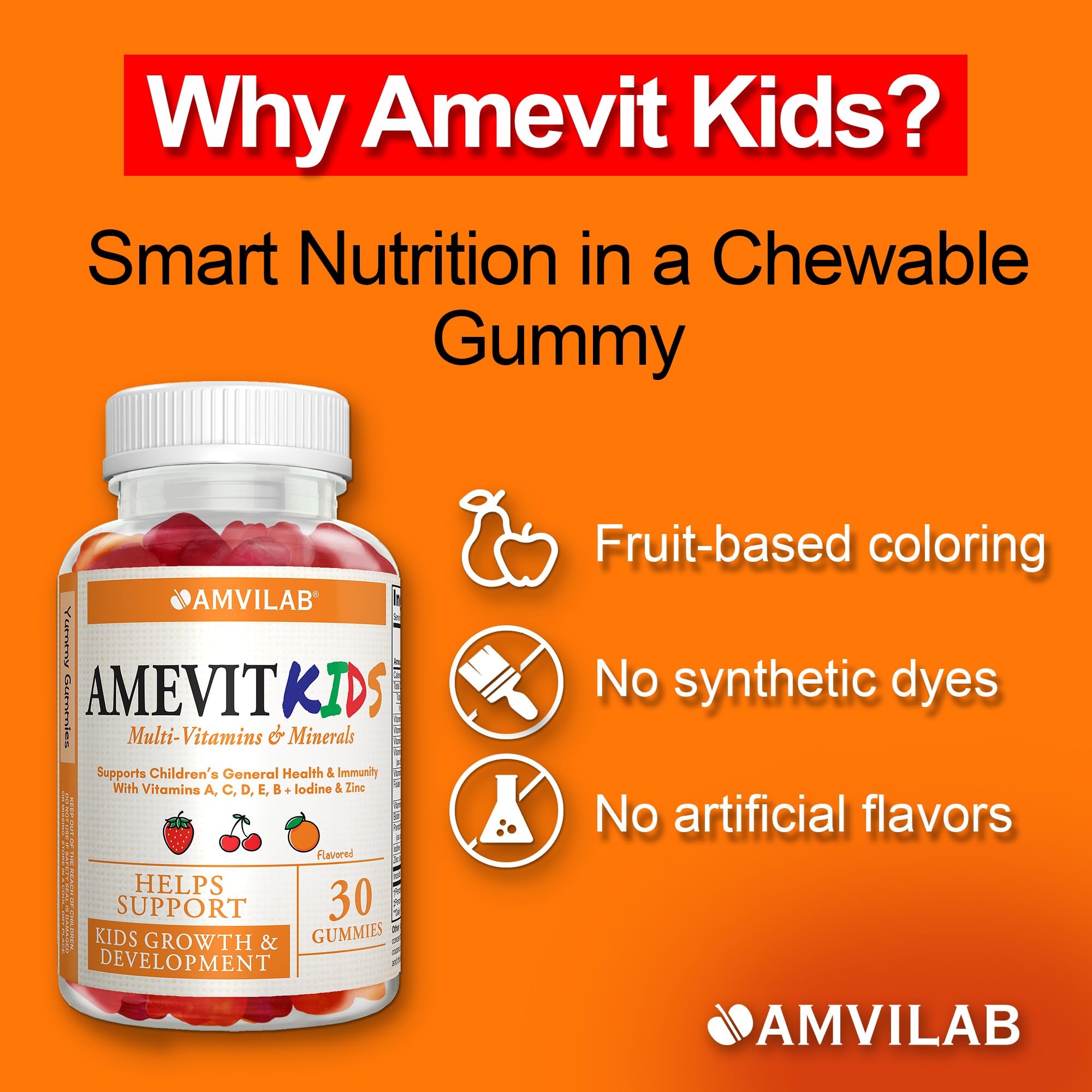 AMVILAB Amevit Kids Gummy serving tile demonstrates easy-to-take nutrition for kids.
