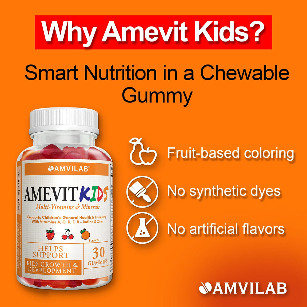 AMVILAB Amevit Kids Gummy serving tile demonstrates easy-to-take nutrition for kids.