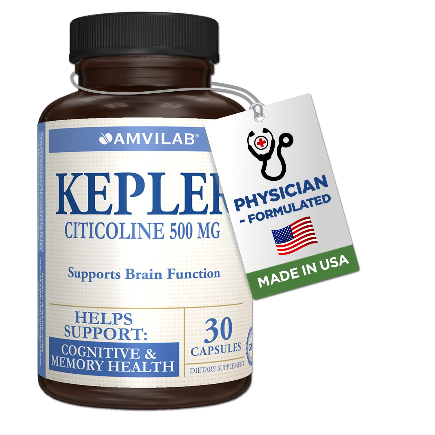 AMVILAB Kepler bottle displays 30 capsules for daily cognitive support.