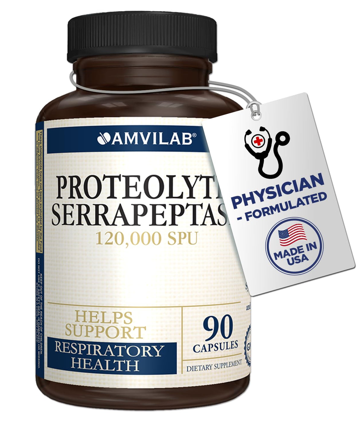 AMVILAB Serrapeptase capsules on bottle, may support inflammation management.