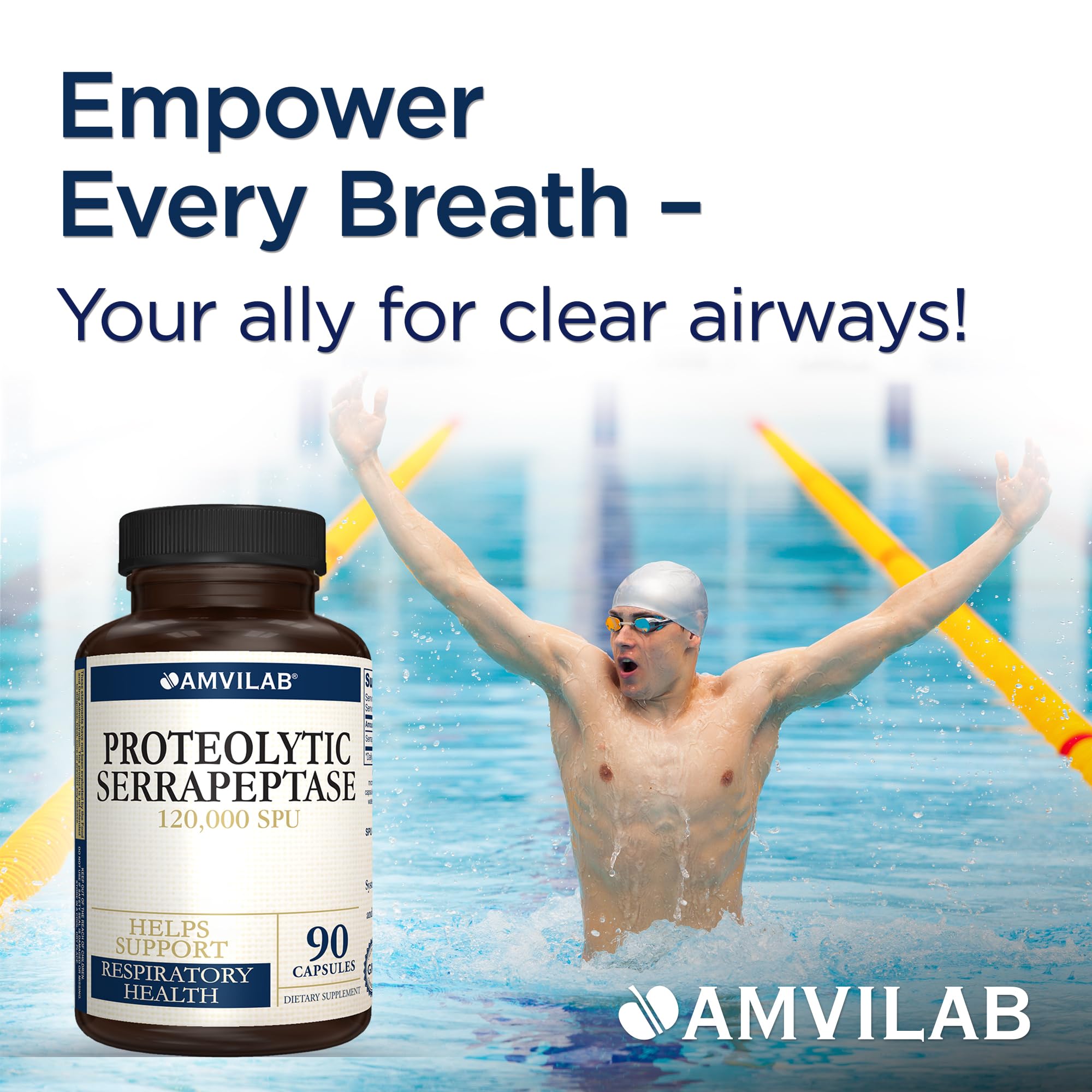 AMVILAB Serrapeptase capsules in blister pack, may support respiratory comfort.