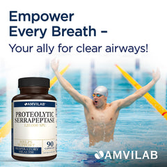 AMVILAB Serrapeptase capsules in blister pack, may support respiratory comfort.