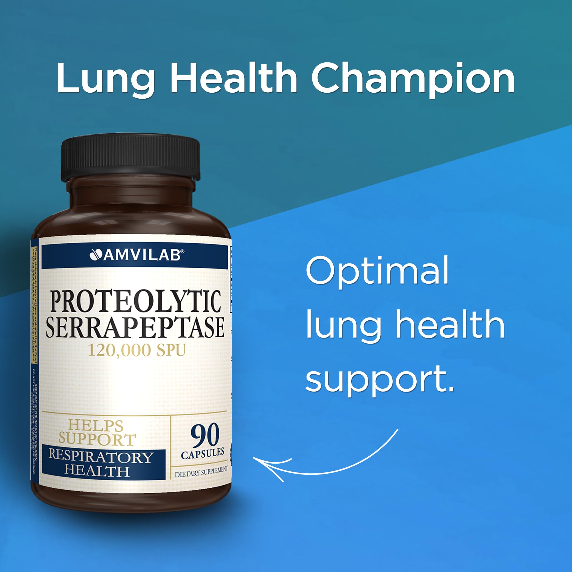 AMVILAB Serrapeptase label close-up, highlighting gluten-free, non-GMO formulation.