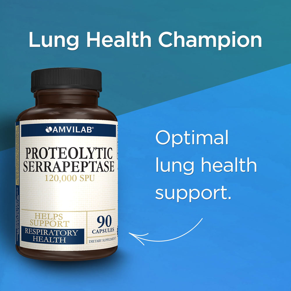 AMVILAB Serrapeptase label close-up, highlighting gluten-free, non-GMO formulation.