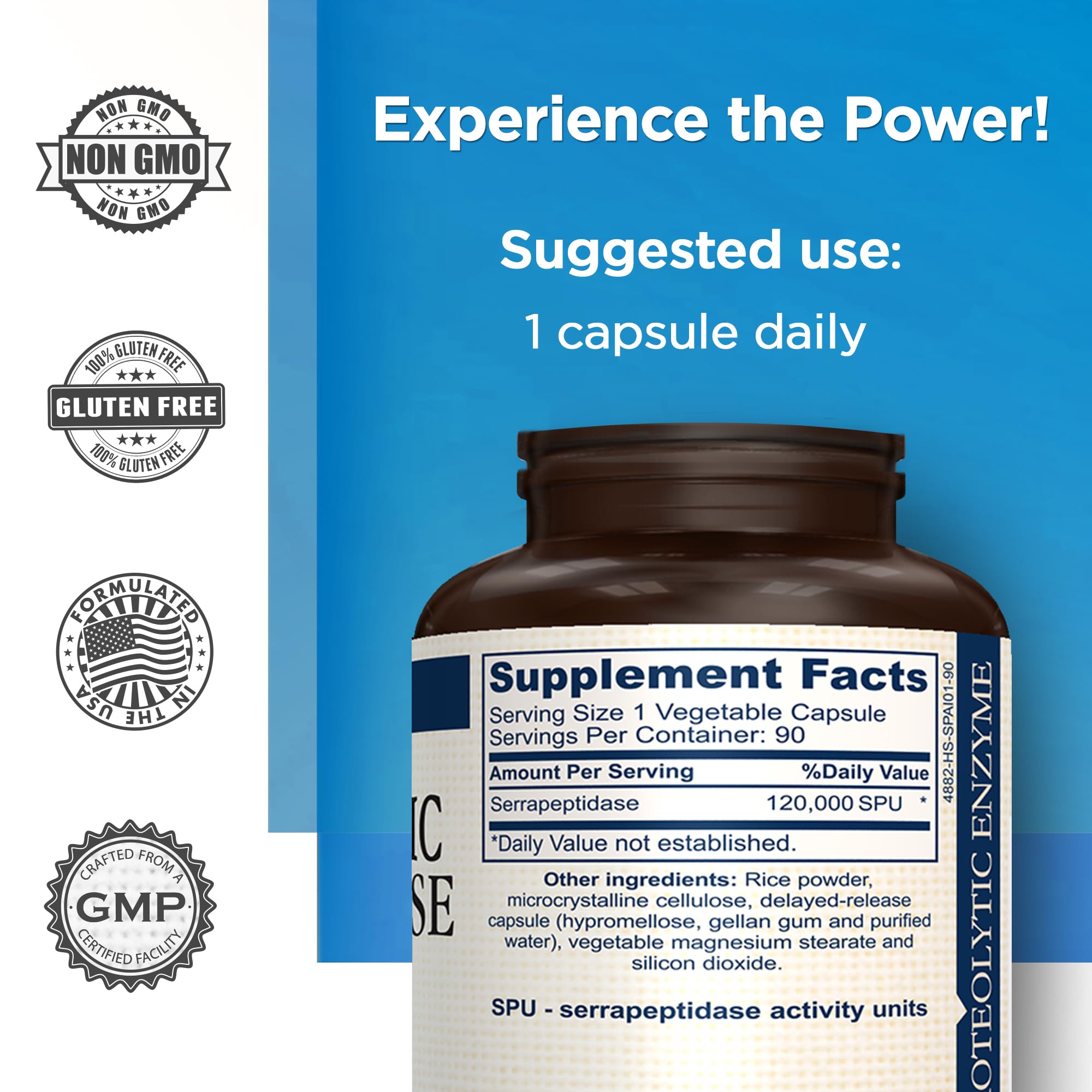 AMVILAB Serrapeptase bottle side view, convenient daily capsule for active lifestyles.