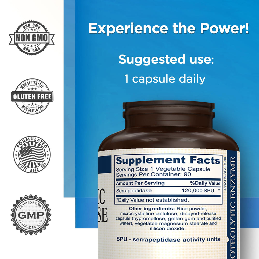 AMVILAB Serrapeptase bottle side view, convenient daily capsule for active lifestyles.