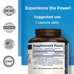 AMVILAB Serrapeptase bottle side view, convenient daily capsule for active lifestyles.