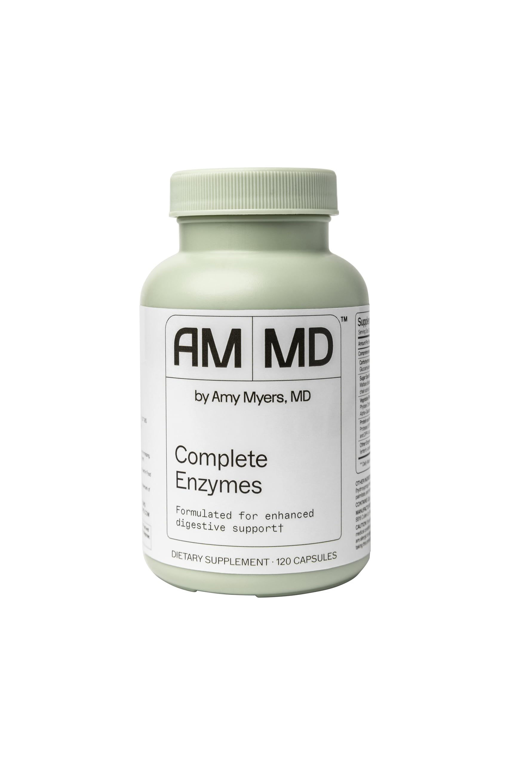 Amy Myers MD Complete Enzymes bottle shows a broad enzyme blend supporting daily digestion.