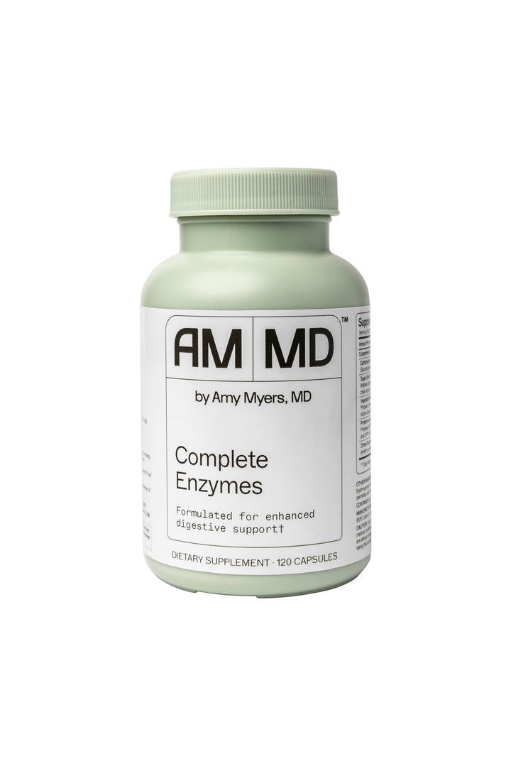 Amy Myers MD Complete Enzymes bottle shows a broad enzyme blend supporting daily digestion.