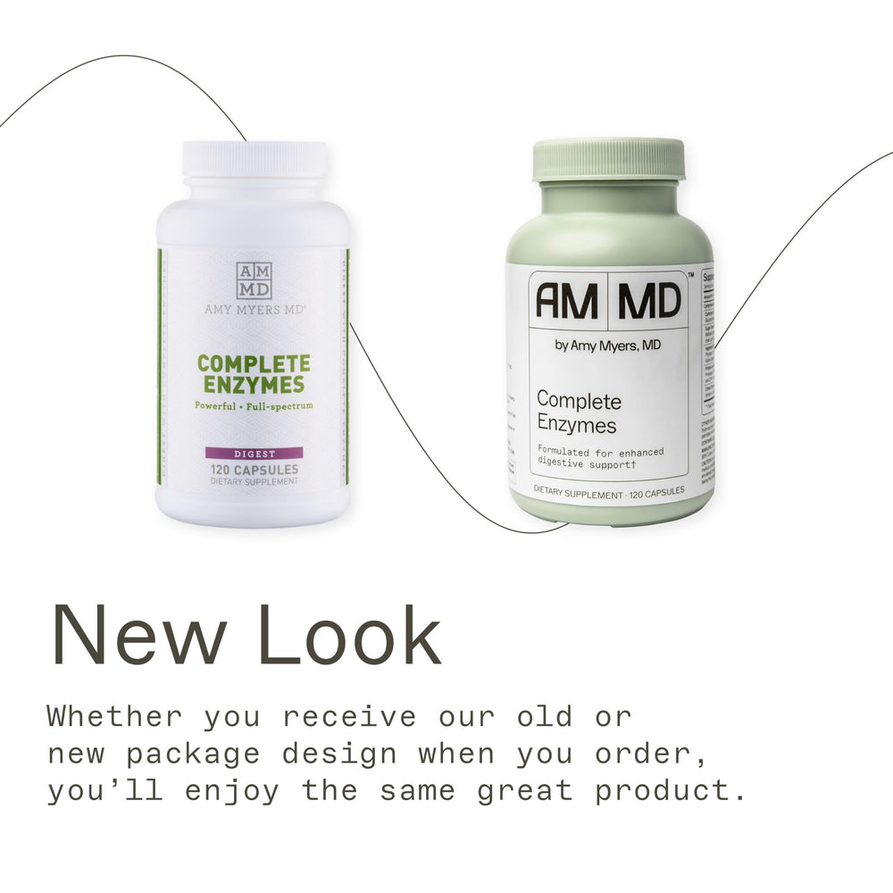 Amy Myers MD Complete Enzymes label closeup emphasizes ingredients that aid gut environment.