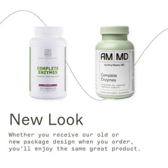 Amy Myers MD Complete Enzymes label closeup emphasizes ingredients that aid gut environment.