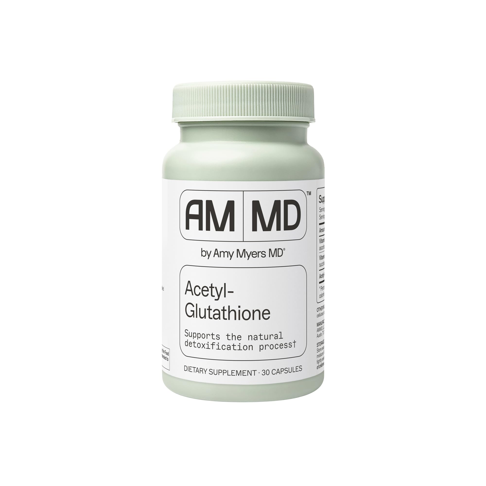 Amy Myers MD Glutathione bottle closeup highlighting label and 30 capsules for daily wellness.