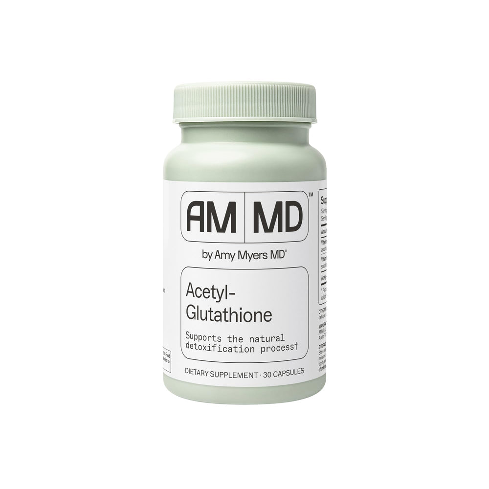 Amy Myers MD Glutathione bottle closeup highlighting label and 30 capsules for daily wellness.
