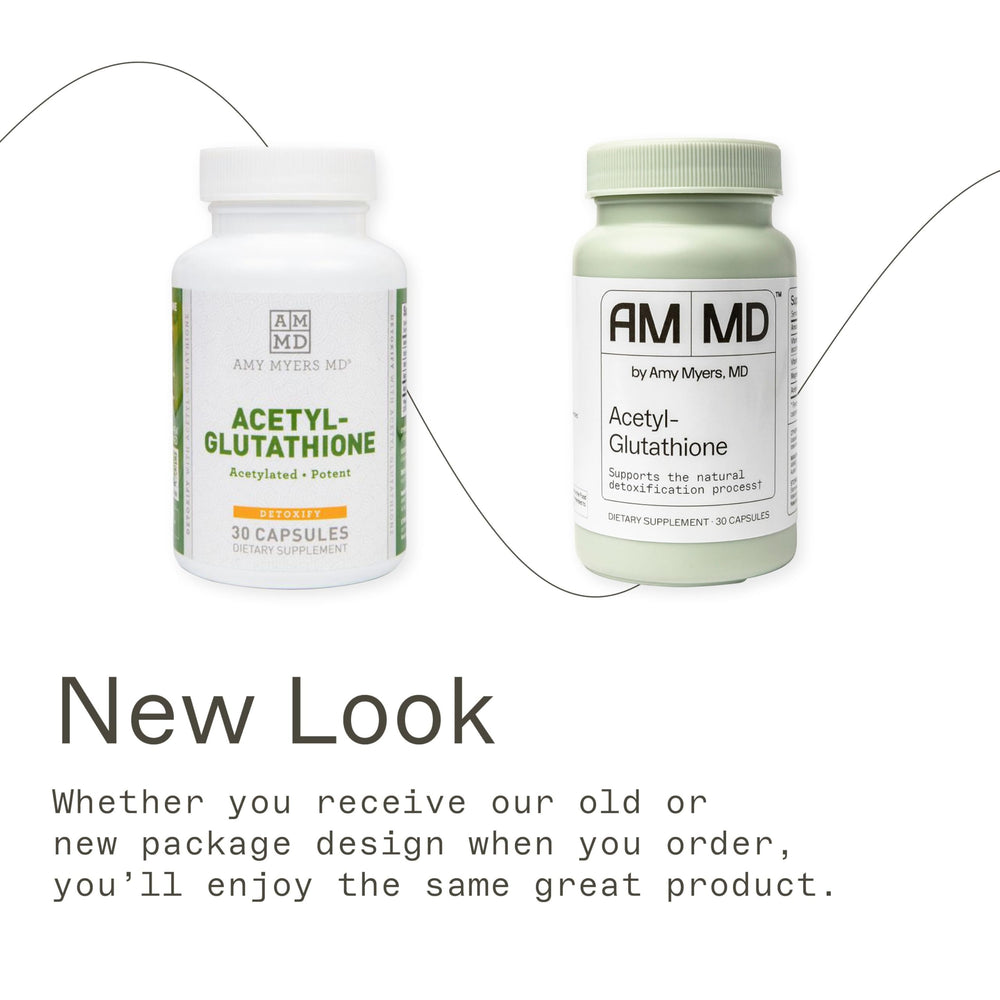 Amy Myers MD Glutathione label front highlights gluten-free and non-dairy formulation.