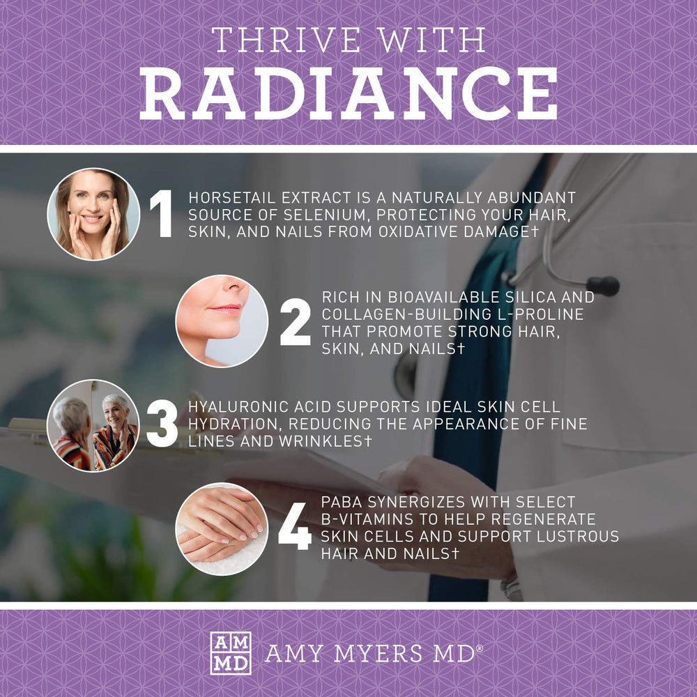 Amy Myers MD Hair Skin and Nails gluten-free bottle top view emphasizes quality and transparency.