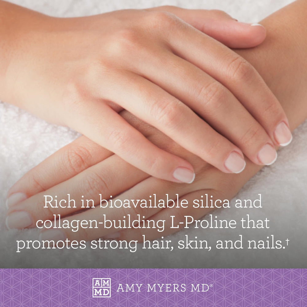 Amy Myers MD Hair Skin and Nails ingredients sheet close-up illustrates multi-nutrient blend benefits.