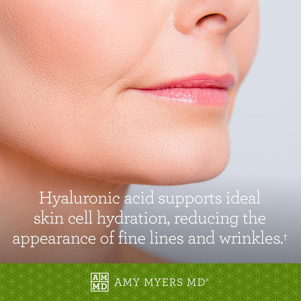 Amy Myers MD Hair Skin and Nails packaging display with capsules for everyday wellness.