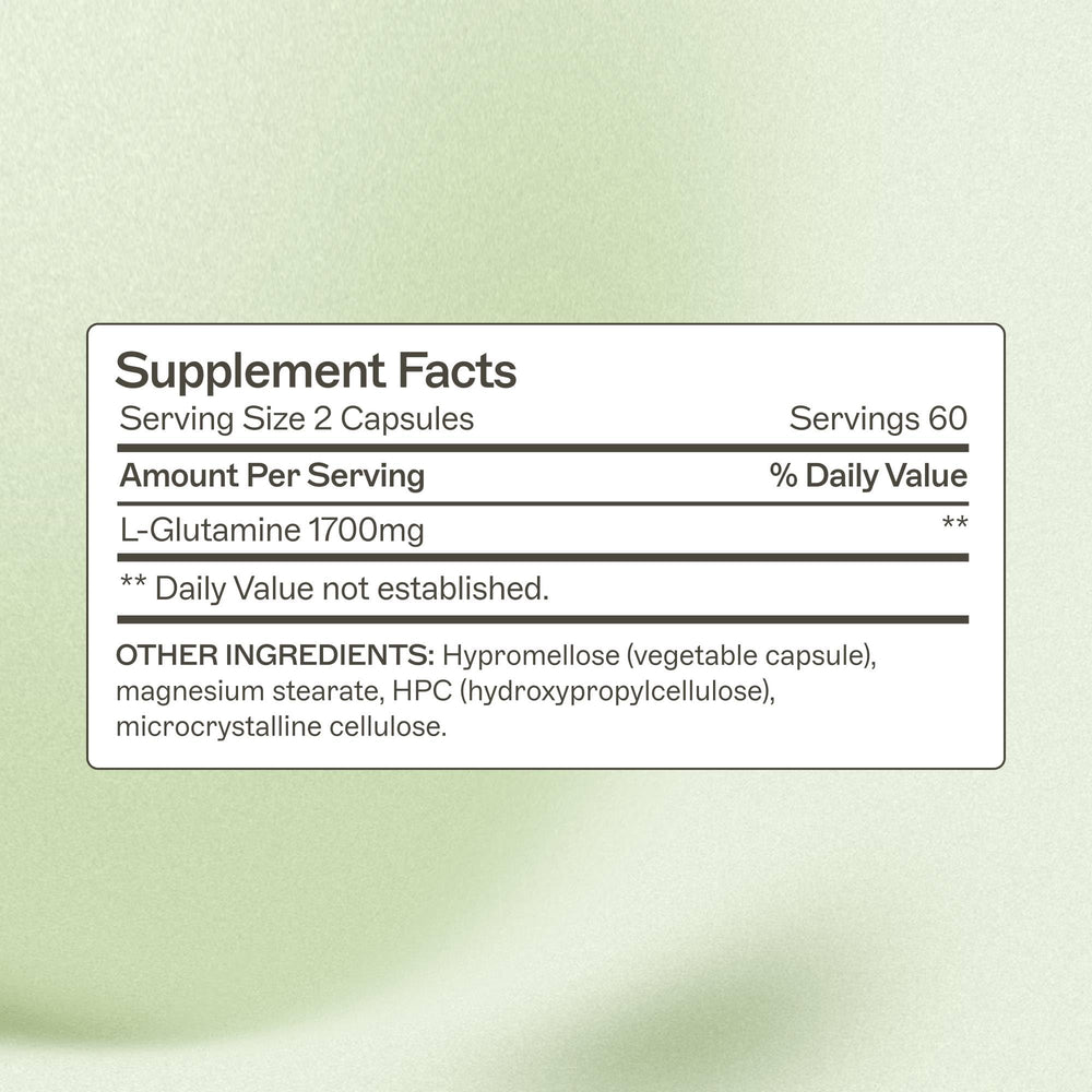 Closeup of Amy Myers MD L-Glutamine Capsules for post-workout recovery potential.