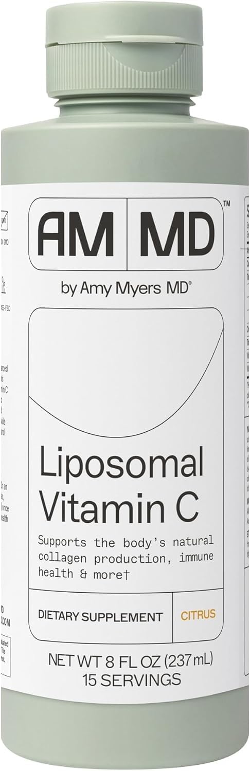 Amy Myers MD liposomal vitamin C bottle shows high-absorption formula for daily immune support.