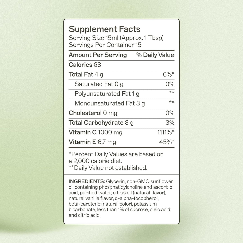 Amy Myers MD liposomal vitamin C being poured for a convenient daily dose.