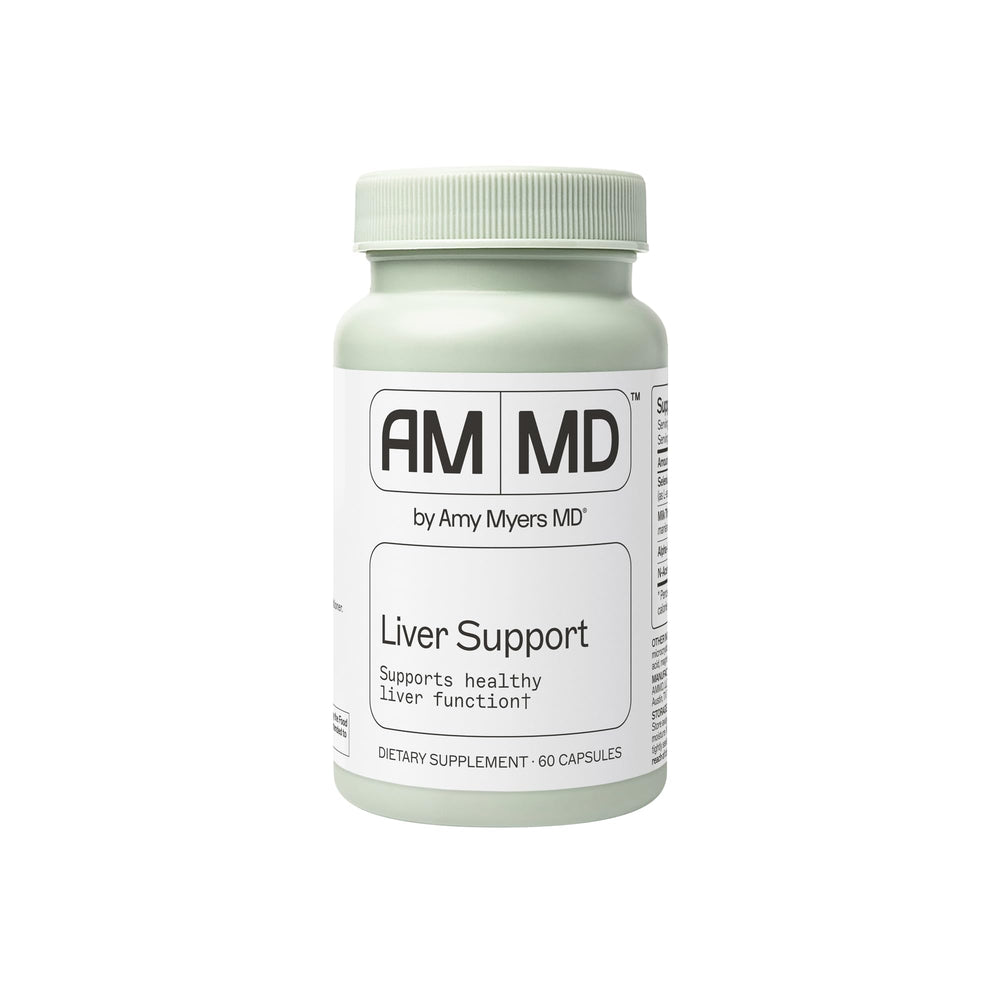 Amy Myers MD Liver Support bottle label highlights detox-friendly nutrients for antioxidant support.