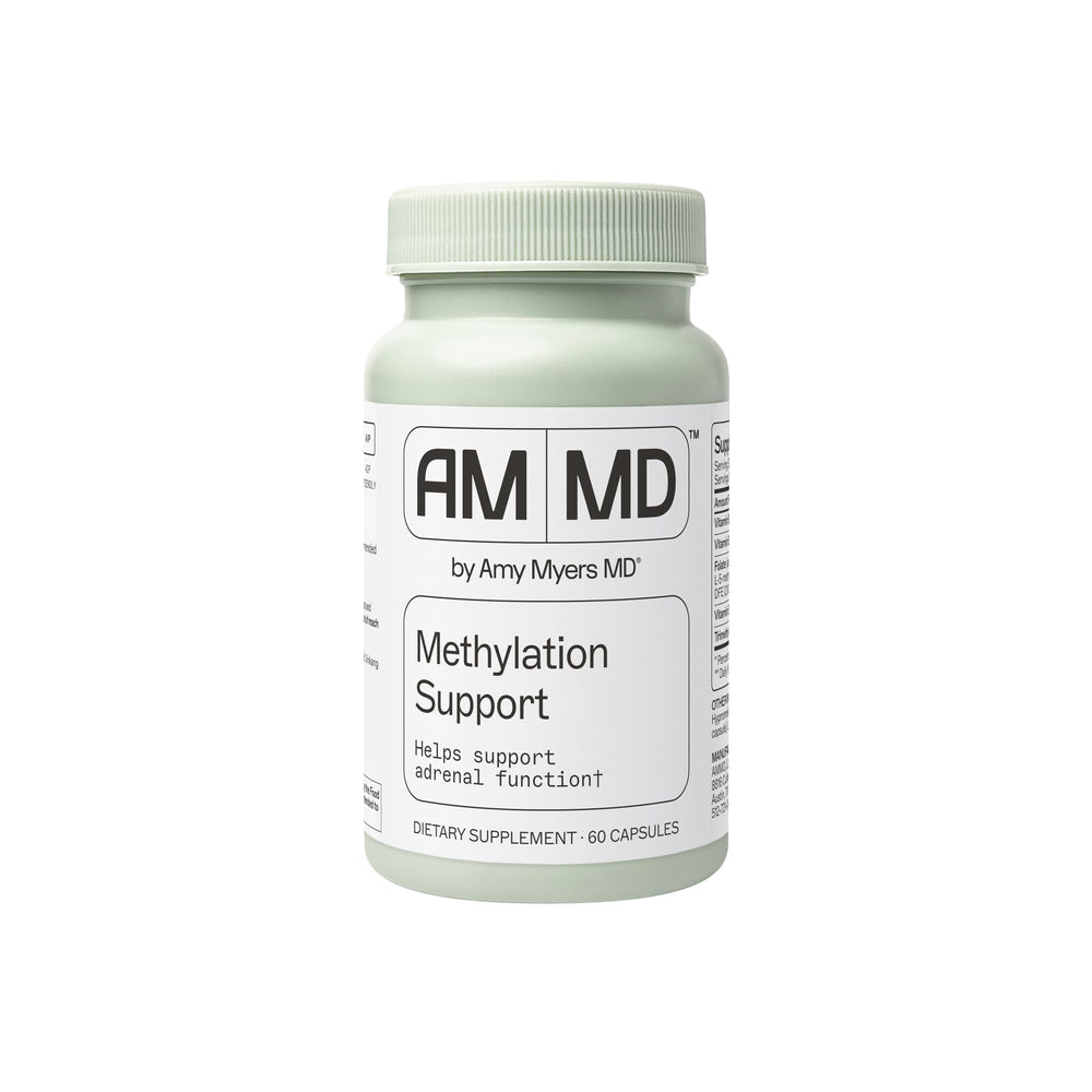 Amy Myers MD Methylation Support bottle highlighting methylated B vitamins for methylation support.