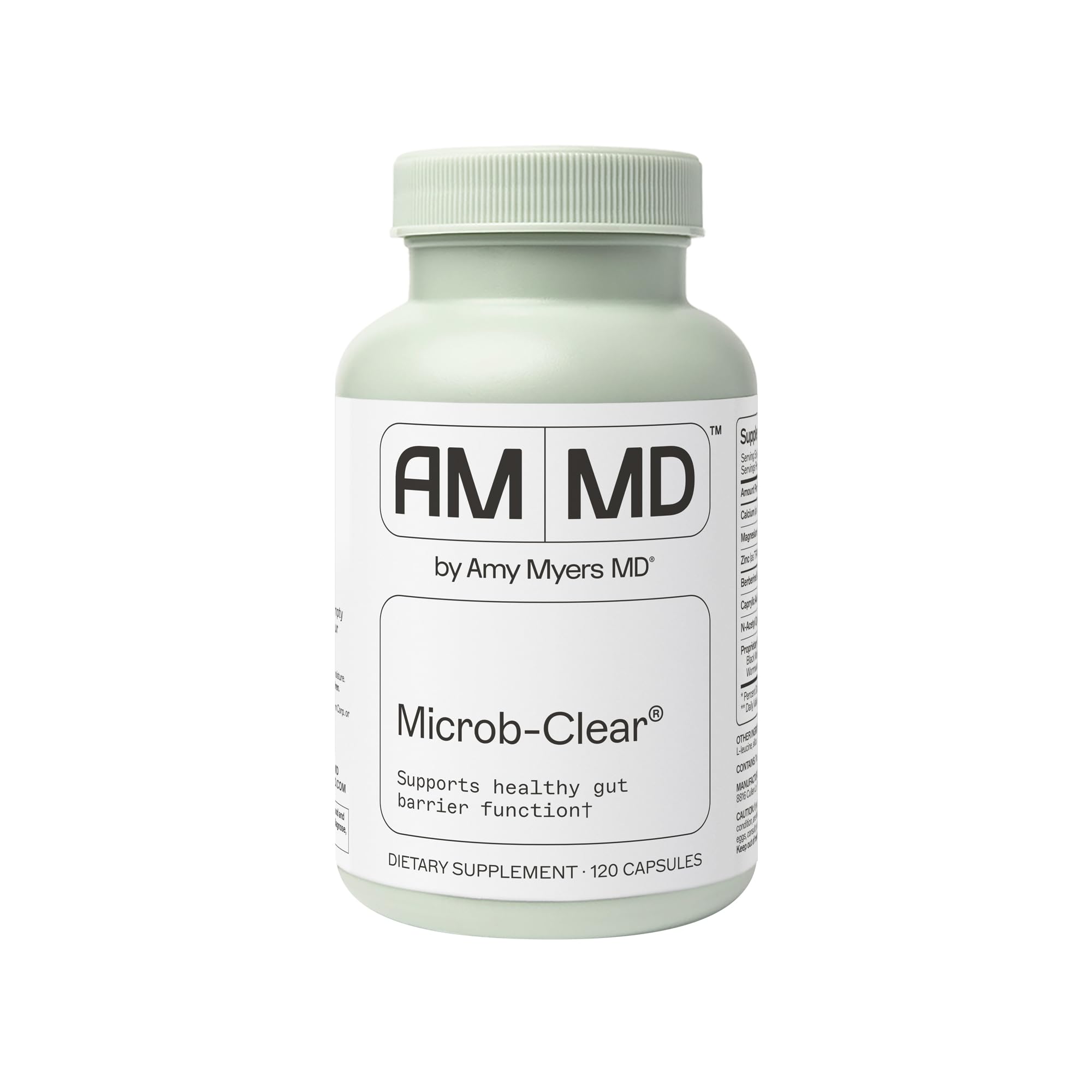 Amy Myers MD Microb-Clear bottle label supports gut flora balance for daily wellness.