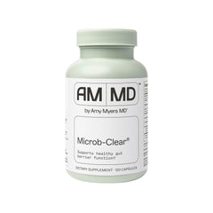 Amy Myers MD Microb-Clear bottle label supports gut flora balance for daily wellness.