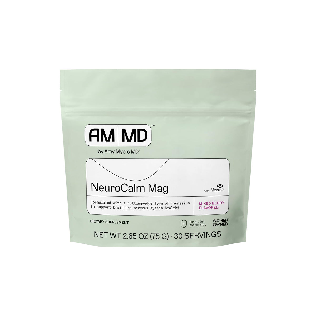 Amy Myers MD NeuroCalm Mag bottle close-up showing berry flavor for daily support.