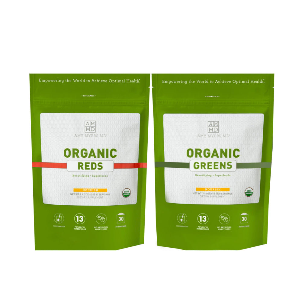 Amy Myers MD Organic Superfoods Kit bottle pour supports convenient daily nutrition with antioxidants.