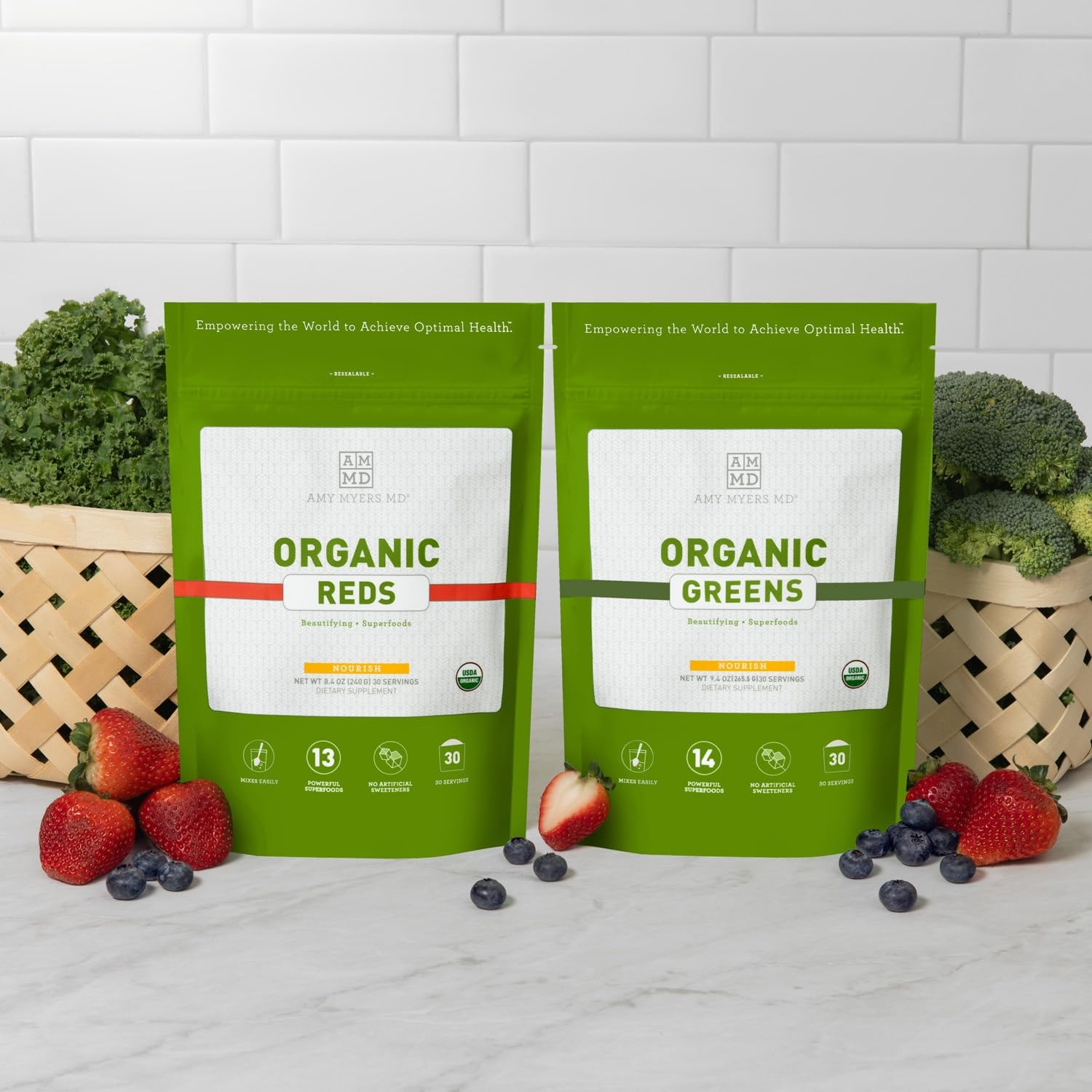 Amy Myers MD Organic Superfoods Kit packaging front showcases organic certification and clean ingredients.