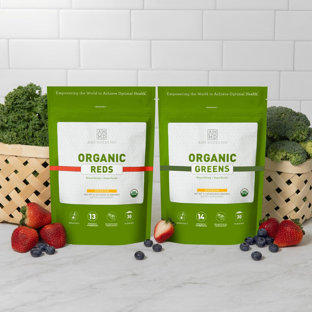 Amy Myers MD Organic Superfoods Kit packaging front showcases organic certification and clean ingredients.