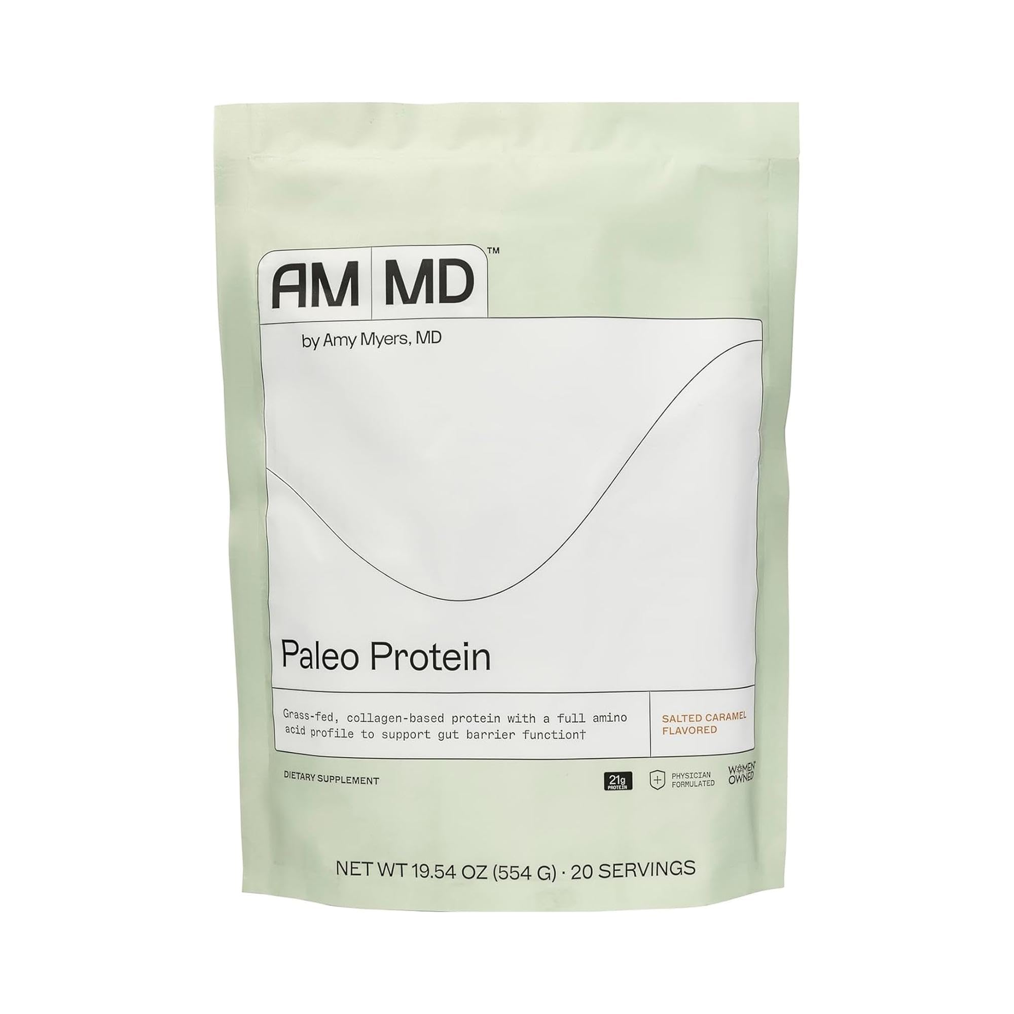 Amy Myers MD Paleo Protein Powder salted caramel tub for a smooth, satisfying daily shake.