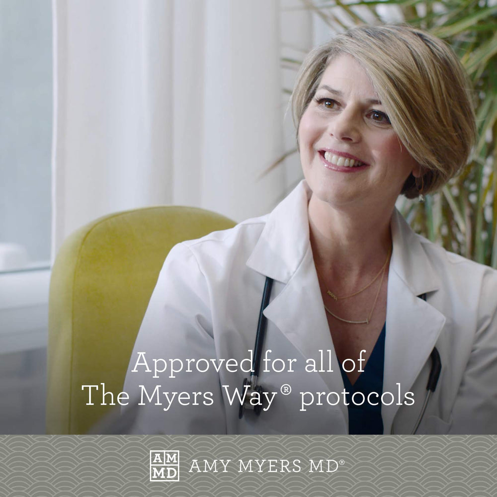 Amy Myers MD Rest and Restore bottle with glass conveys simple night ritual.
