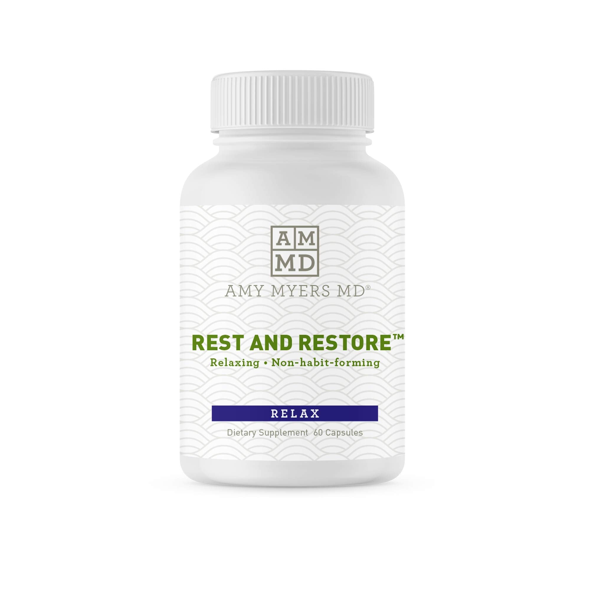 Amy Myers MD Rest and Restore bottle on white backdrop for peaceful sleep support.