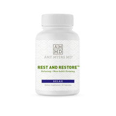 Amy Myers MD Rest and Restore bottle on white backdrop for peaceful sleep support.