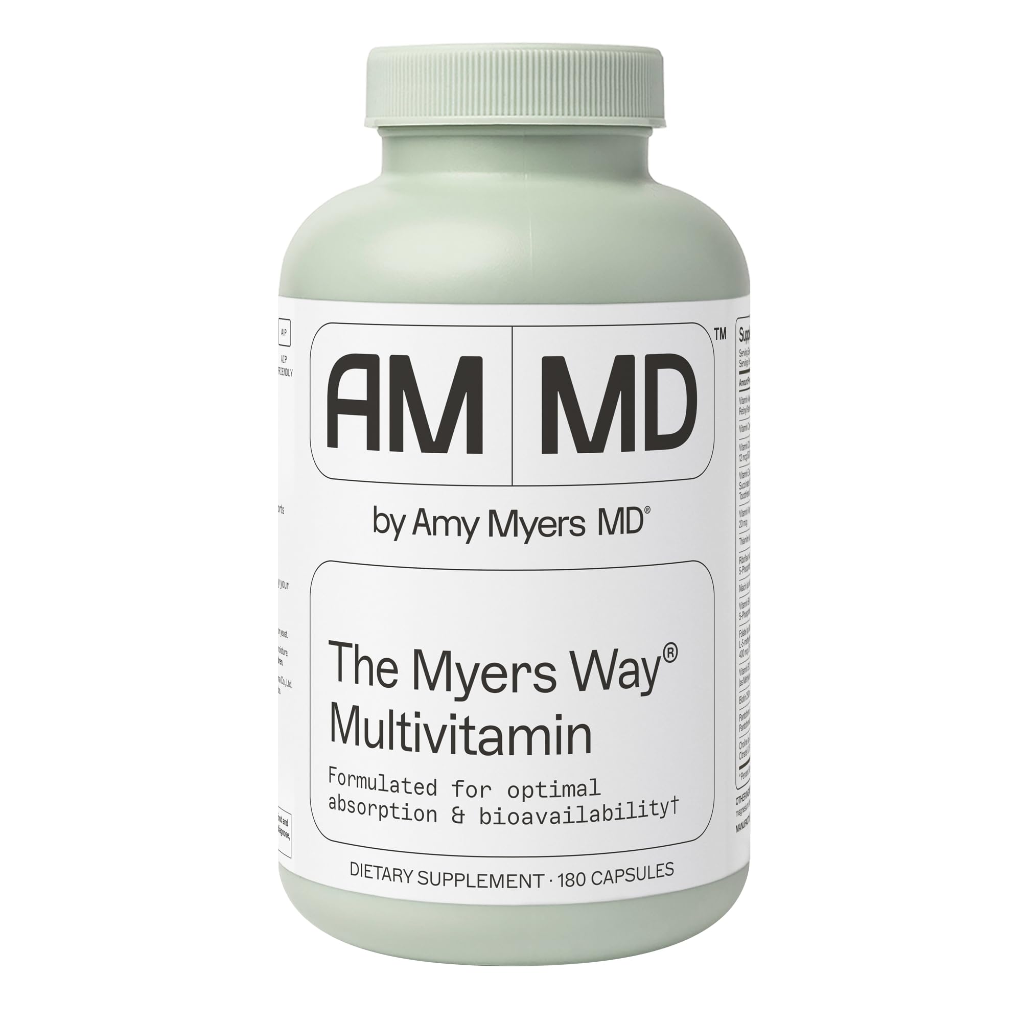 Amy Myers MD The Myers Way Multivitamin bottle front with gluten-free, iron-free formula.