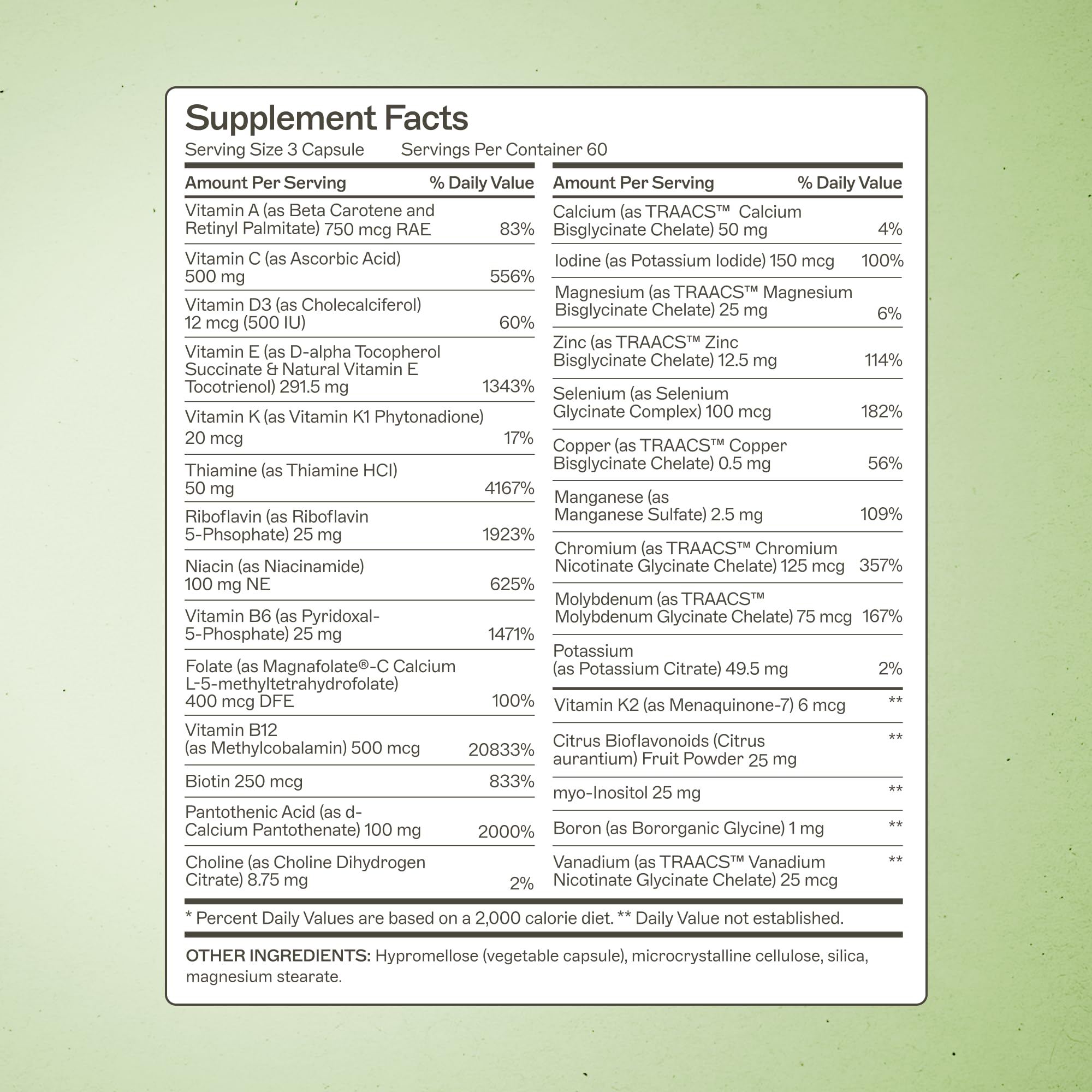 Amy Myers MD The Myers Way Multivitamin label closeup showing gluten-free ingredients.