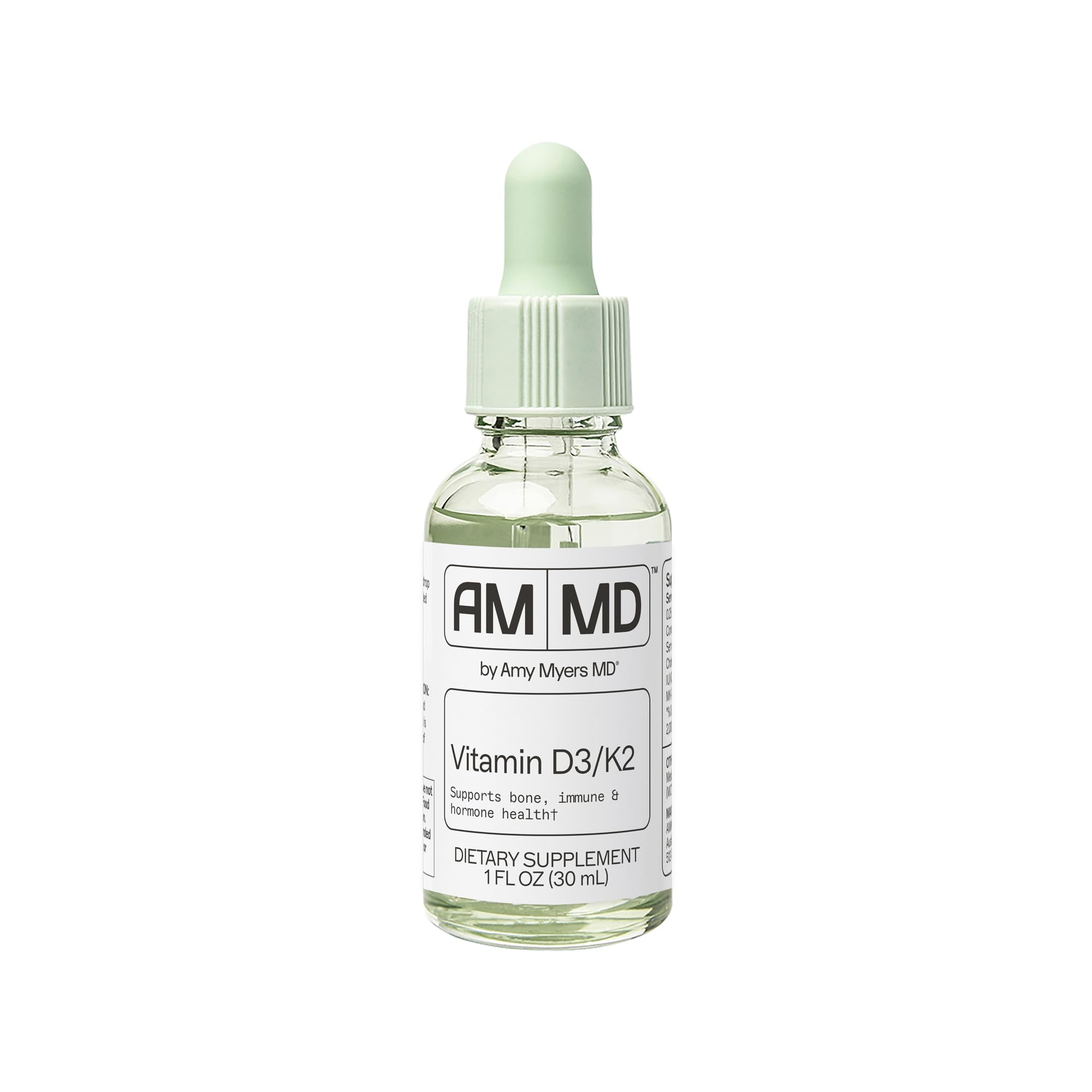 Amy Myers MD Vitamin D3/K2 Liquid bottle showing high-absorption formula for bone support