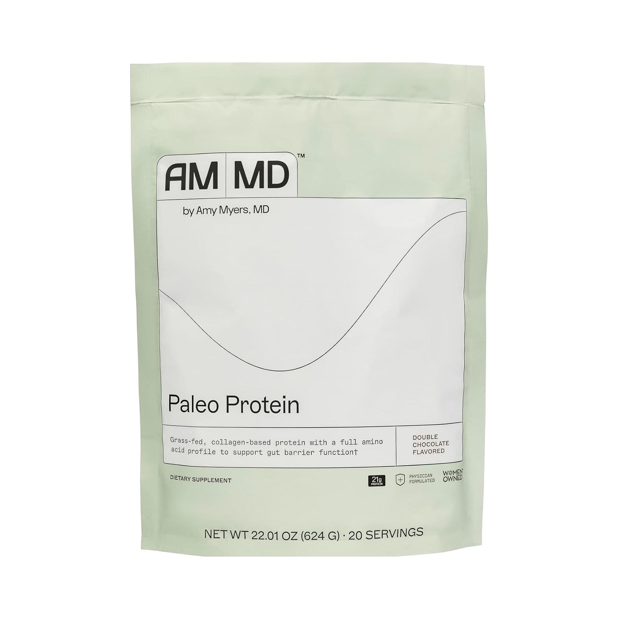 Amy Myers MD Paleo Protein Double Chocolate jar showing gluten-free, collagen-based powder