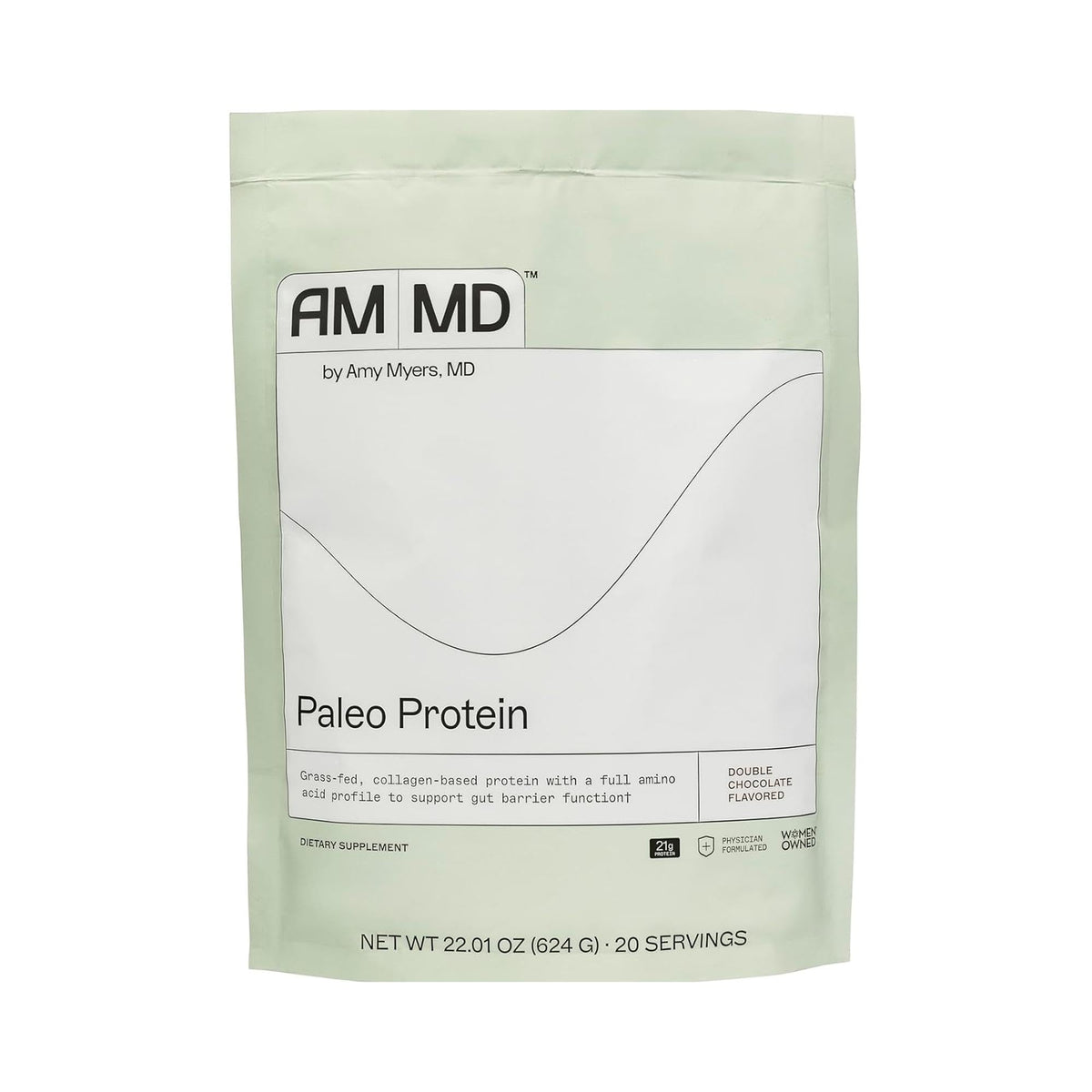 Amy Myers MD Paleo Protein Double Chocolate jar showing gluten-free, collagen-based powder