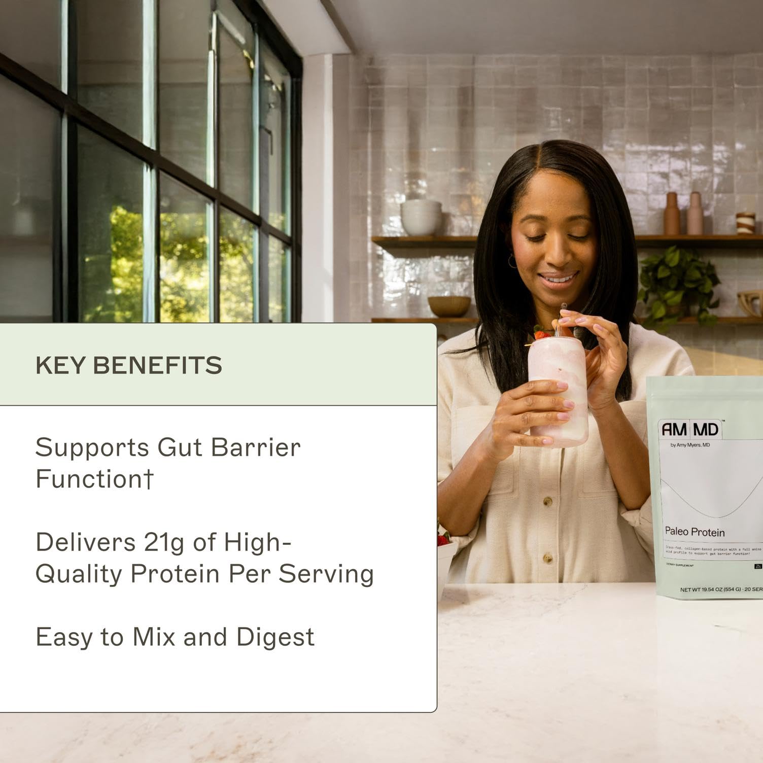 Amy Myers MD Paleo Protein grass-fed beef protein scoop emphasizing absorption
