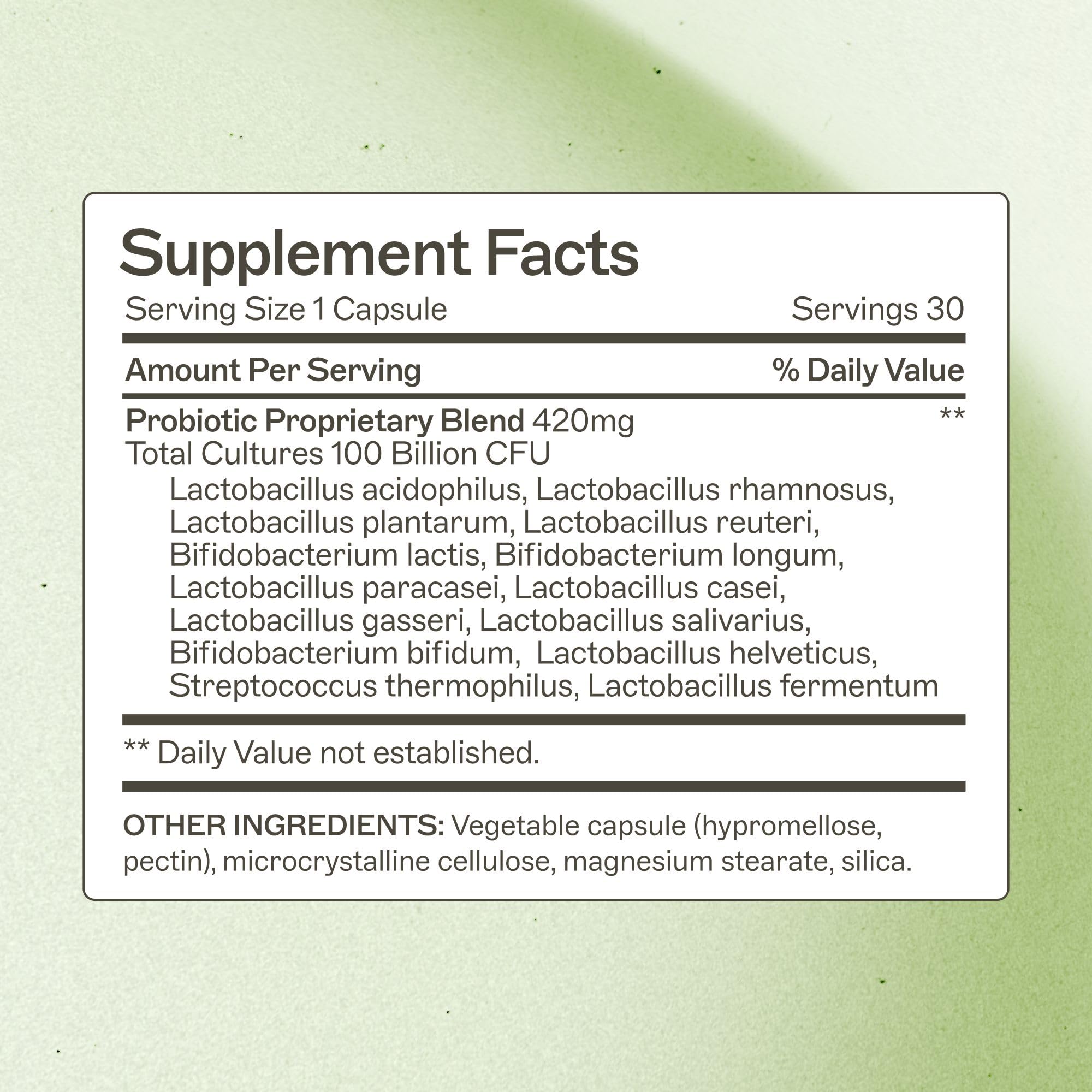 Amy Myers MD Probiotic Capsules closeup; 14 strains working together for digestion and nutrient absorption.