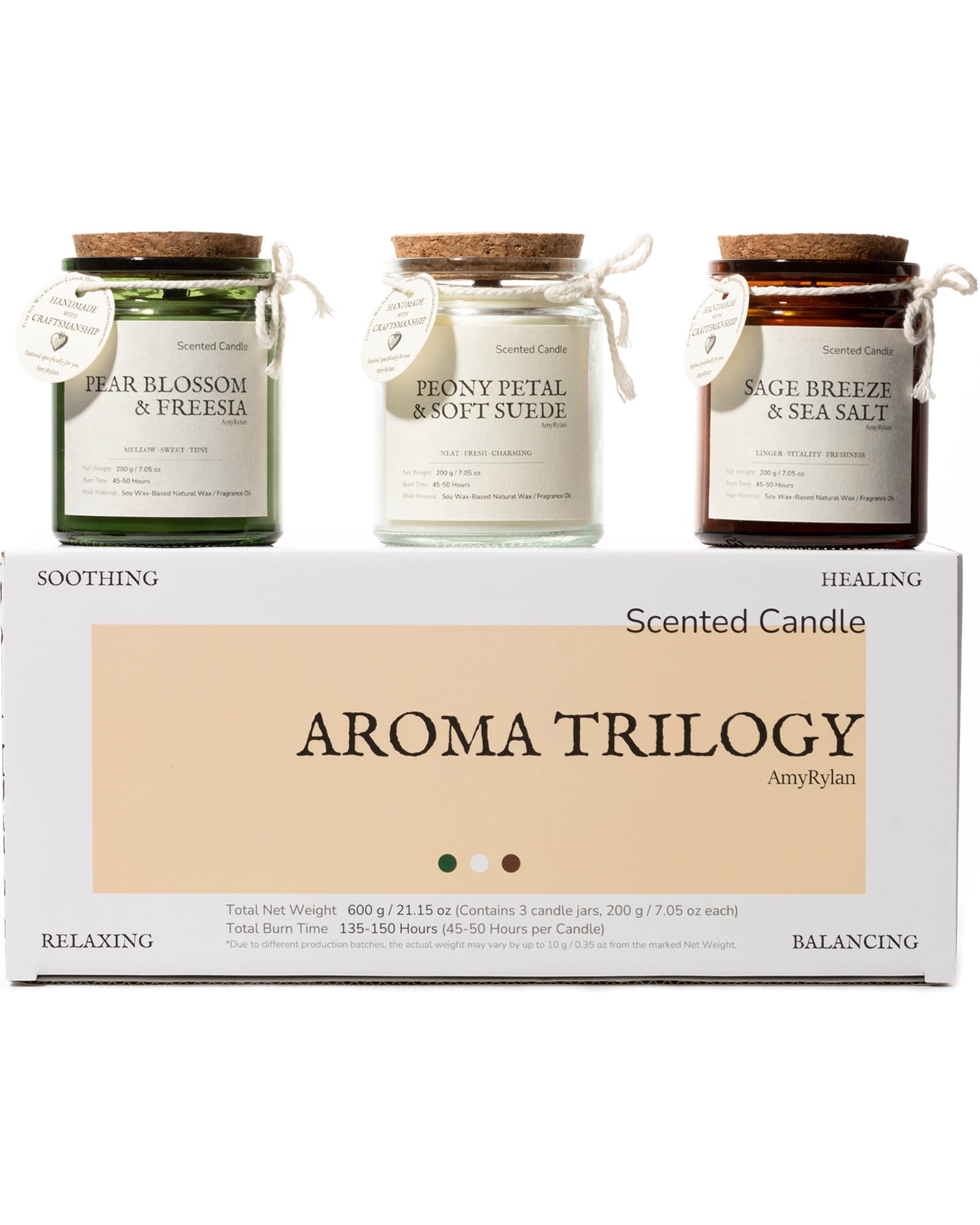 AMYRYLAN pear blossom and freesia candle with double wooden wick for a calming ambiance.