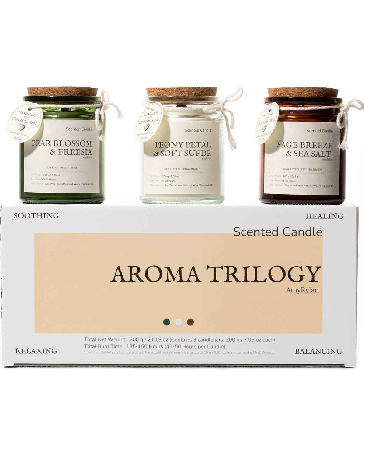AMYRYLAN pear blossom and freesia candle with double wooden wick for a calming ambiance.