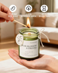 AMYRYLAN peony petal and suede candle with wooden wick for cozy evenings.