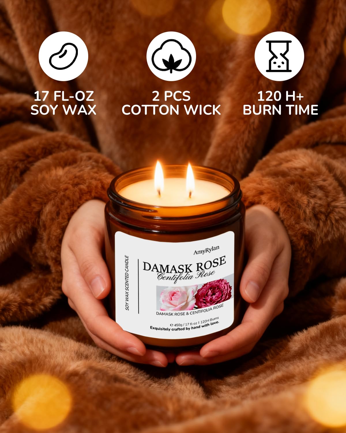 AMYRYLAN 2-wick 17oz candle boosts scent throw for cozy rooms.