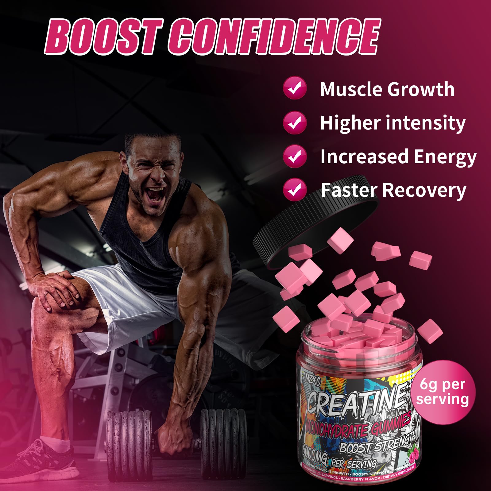 AMZXO Creatine Monohydrate Gummies raspberry close-up showing chewy texture and flavor.
