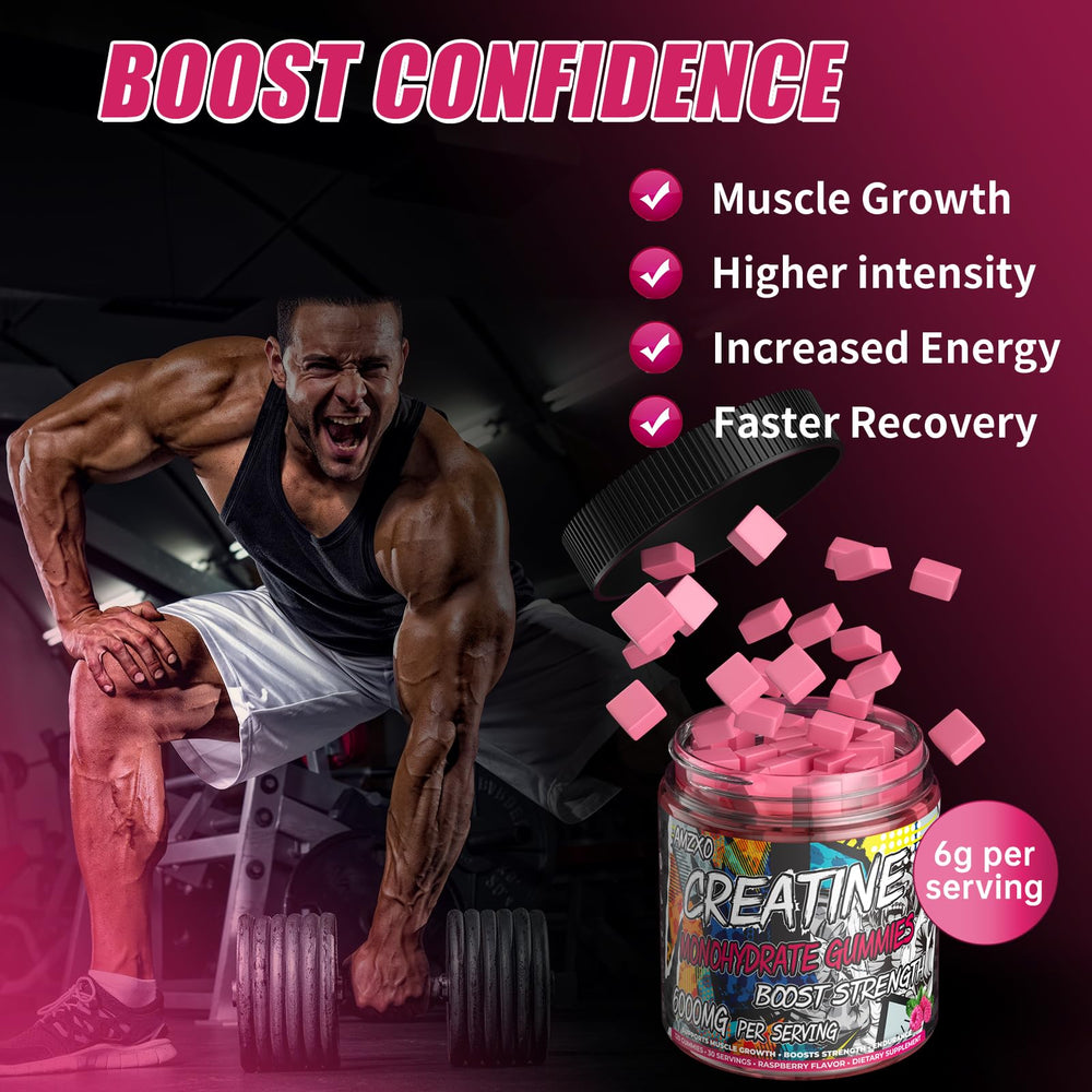 AMZXO Creatine Monohydrate Gummies raspberry close-up showing chewy texture and flavor.