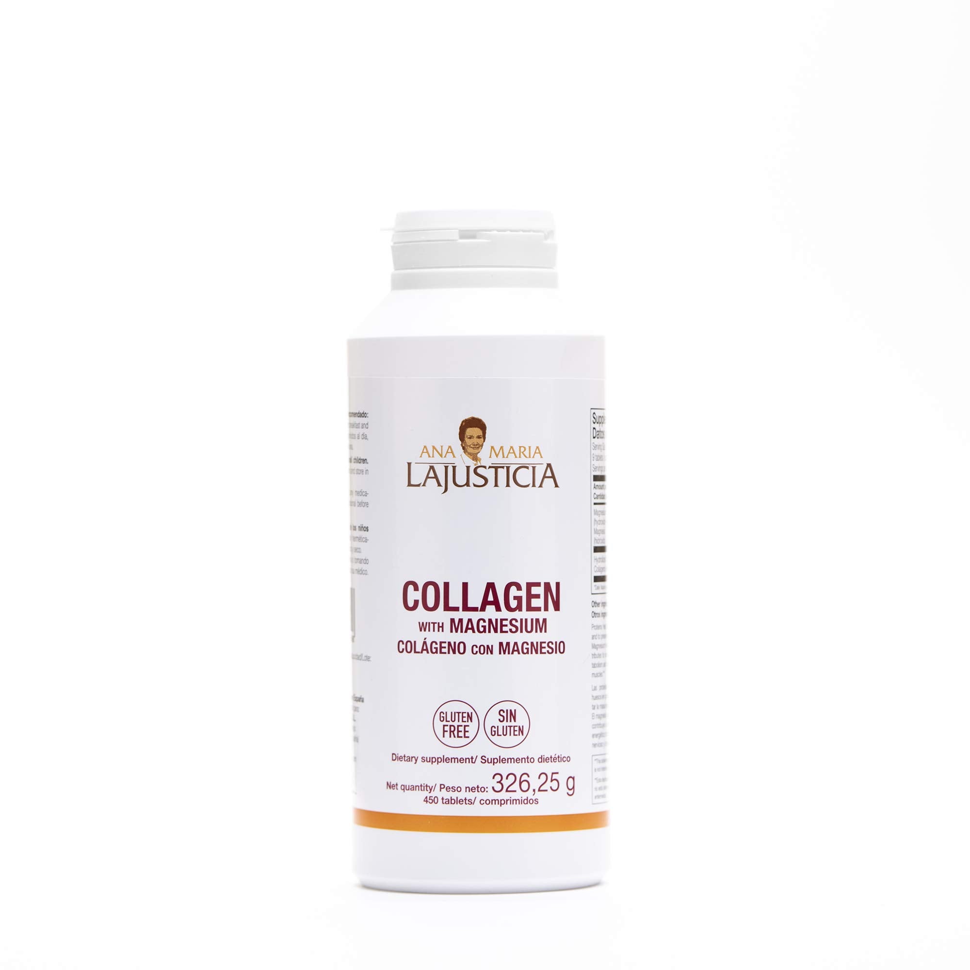 Ana María Lajusticia collagen magnesium 450 tabs label closeup highlights ingredients for skin vitality